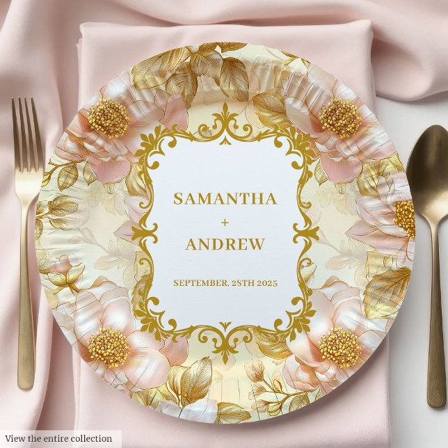 Assiettes En Carton Élégantes Plaques papier Mariage Blush Gold (Elegant Blush Gold Wedding Paper Plates)