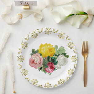 Assiettes En Carton Élégantes roses antiques avec mariage floral or