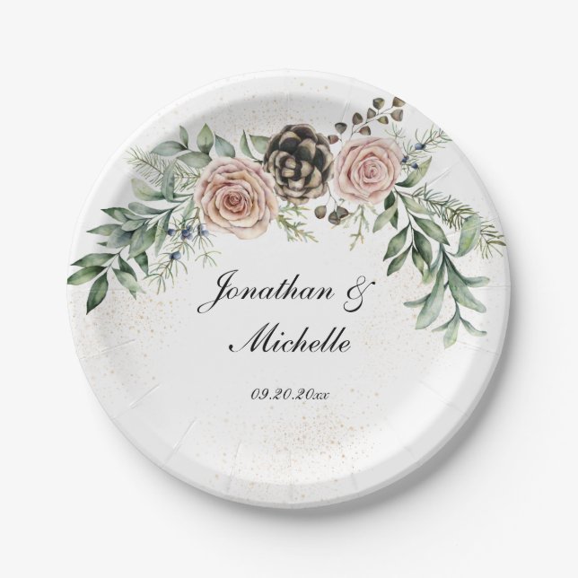 Assiettes En Carton Élégantes roses roses vintage verdure (Devant)