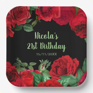 Assiettes En Carton Élégantes roses rouges fleurs fête d'anniversaire