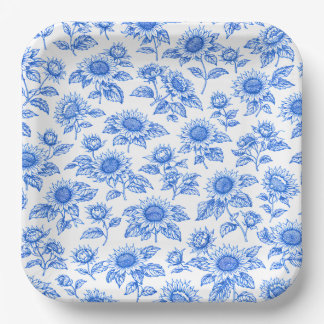 Assiettes En Carton Élégants Tournesols Toile du Jouy – Botanique Bleu