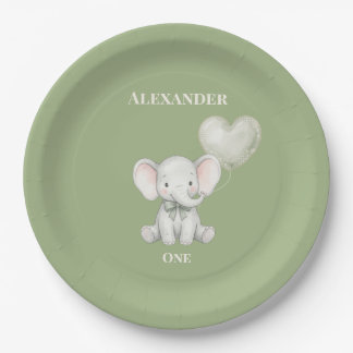 Assiettes En Carton Élément de premier anniversaire éléphant vert saug