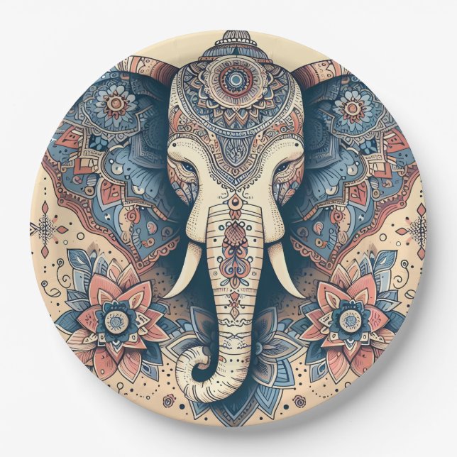 Assiettes En Carton Élément incroyable de style indien éléphant (Devant)