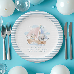 Assiettes En Carton Élément Marin Ours Éléphant Aquarelle Bateau Baby 