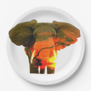 Assiettes En Carton Eléphant africain dans le coucher du soleil du Se