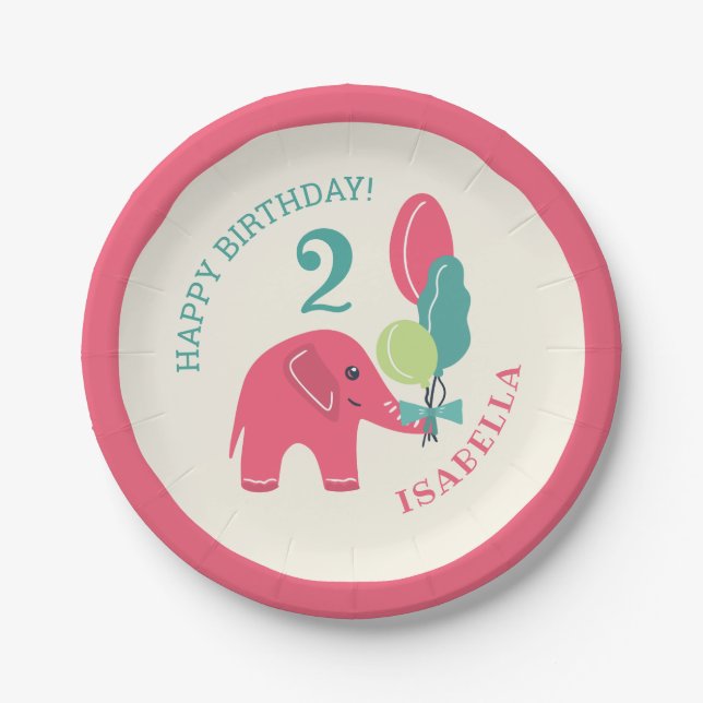 Assiettes En Carton Elephant avec Ballons Girls 2e anniversaire (Devant)