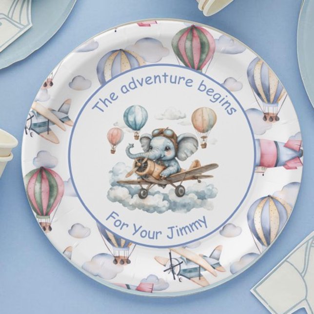 Assiettes En Carton Elephant Aviator Baby Shower Paper Plates  (Créateur téléchargé)