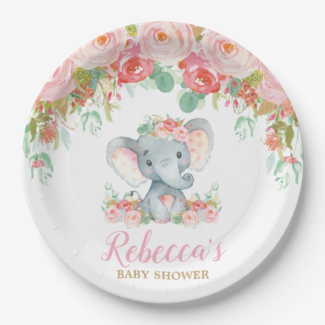 Assiettes En Carton Eléphant Baby shower rose Blush Floral Baby Girl (Devant)