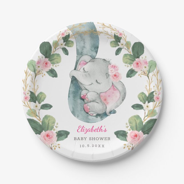 Assiettes En Carton Eléphant Baby shower rose Chic fille (Devant)