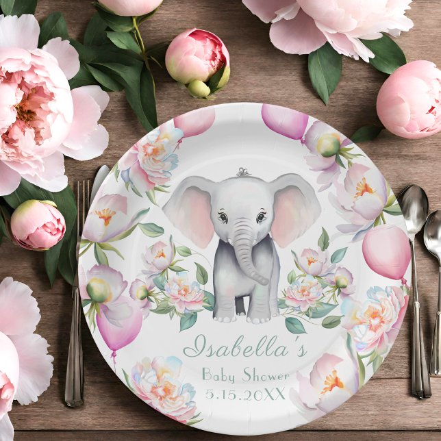 Assiettes En Carton Eléphant Bébé avec pivoines et Baby shower Ballons (Serve delectable treats with style on these adorable Baby Shower Paper Plates!)