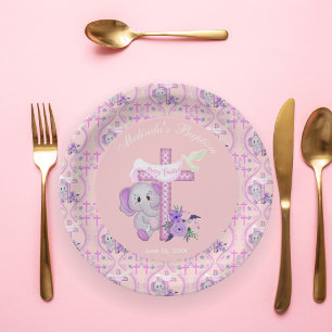 Assiettes En Carton Éléphant bébé rose avec colombe et baptême à la cr
