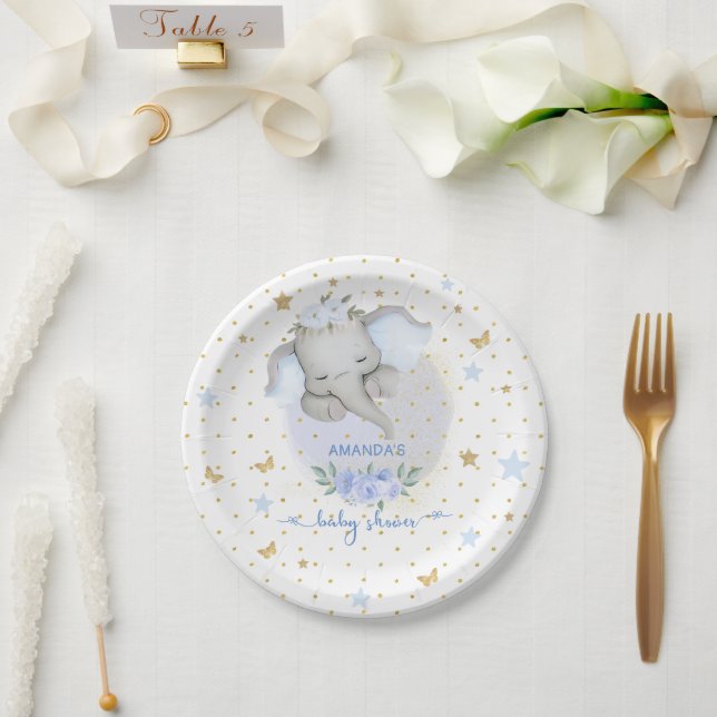 Assiettes En Carton Elephant Bleu Floral Boho bébé garçon douche (Mariage)