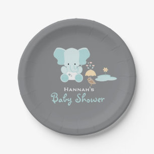 Assiettes En Carton Éléphant bleu petit baby shower d'oiseau