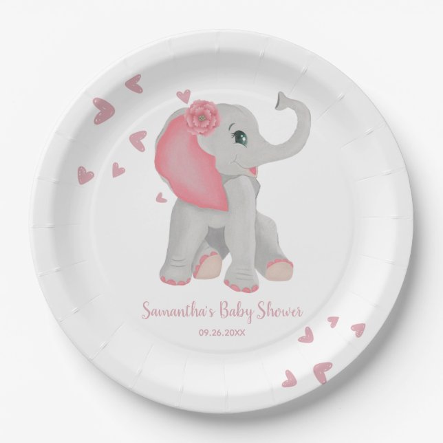 Assiettes En Carton Eléphant bleu rose Aquarelle fille Baby shower P (Devant)