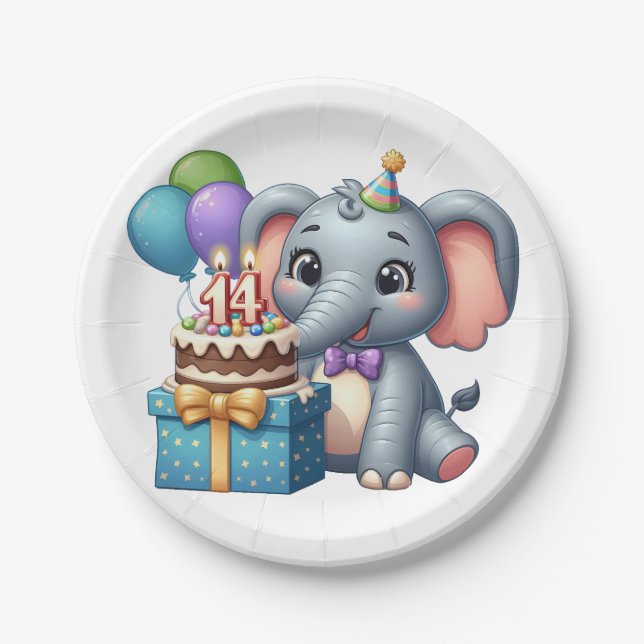 Assiettes En Carton Éléphant d'anniversaire 14 ans (Devant)