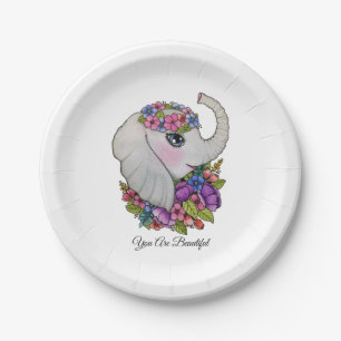 Assiettes En Carton Éléphant d'aquarelle avec les fleurs sauvages