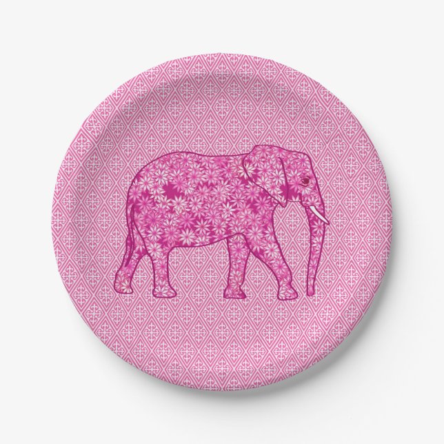 Assiettes En Carton Éléphant de fleur - rose de fuchsia (Devant)