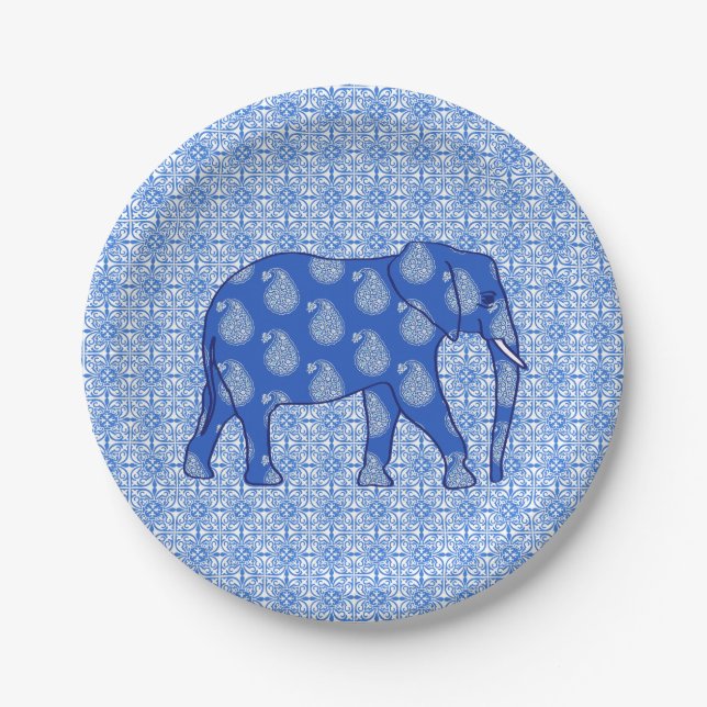 Assiettes En Carton Éléphant de Paisley - bleu et blanc de cobalt (Devant)