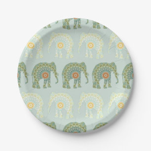Assiettes En Carton Éléphant et Mandala en Vert Clair