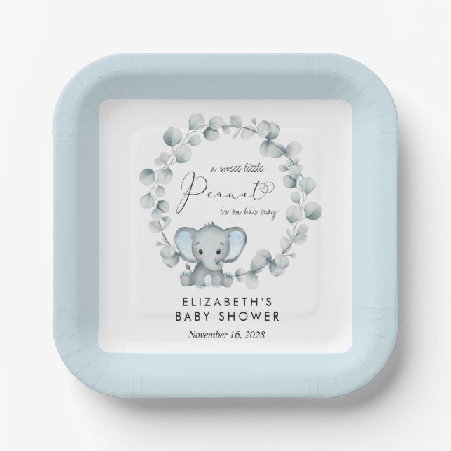 Assiettes En Carton Eléphant Eucalyptus Baby Boy Douche (Recto)