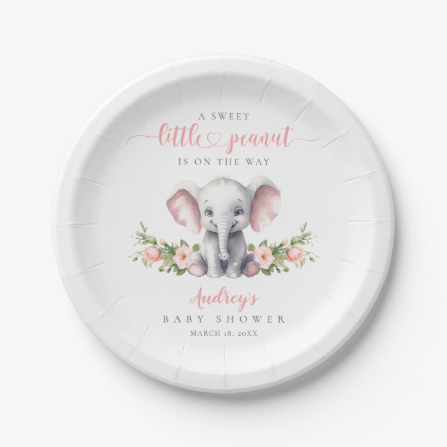 Assiettes En Carton Eléphant Floral Rose Cute Bébé Fille Douche (Devant)