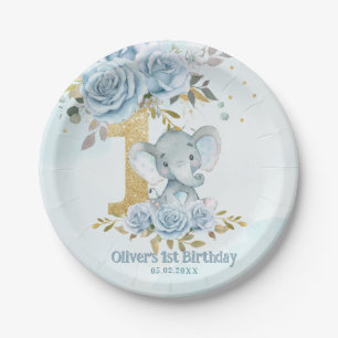 Assiettes En Carton Éléphant Garçon Bleu Bébé Floral 1er Anniversaire