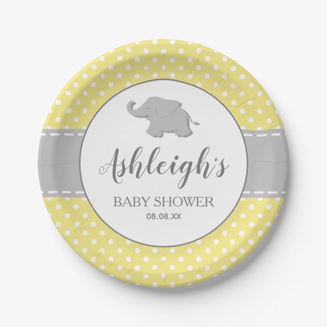 Assiettes En Carton Eléphant gris jaune Polka Baby shower (Devant)