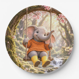 Assiettes En Carton Éléphant heureux sur une balançoire d'arbre cerisi