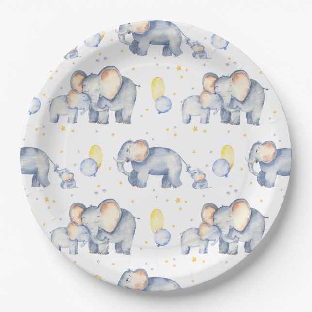 Assiettes En Carton Eléphant mignon avec Baby shower d'aquarelle maman (Devant)
