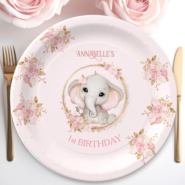 Assiettes En Carton Eléphant mignon Fleurs roses Roses Anniversaire Fi (Cute Elephant Pink Flowers Roses Birthday Girl Paper Plates)