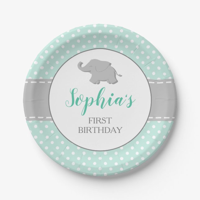 Assiettes En Carton Elephant Mint Green Polka Dot 1er anniversaire (Devant)