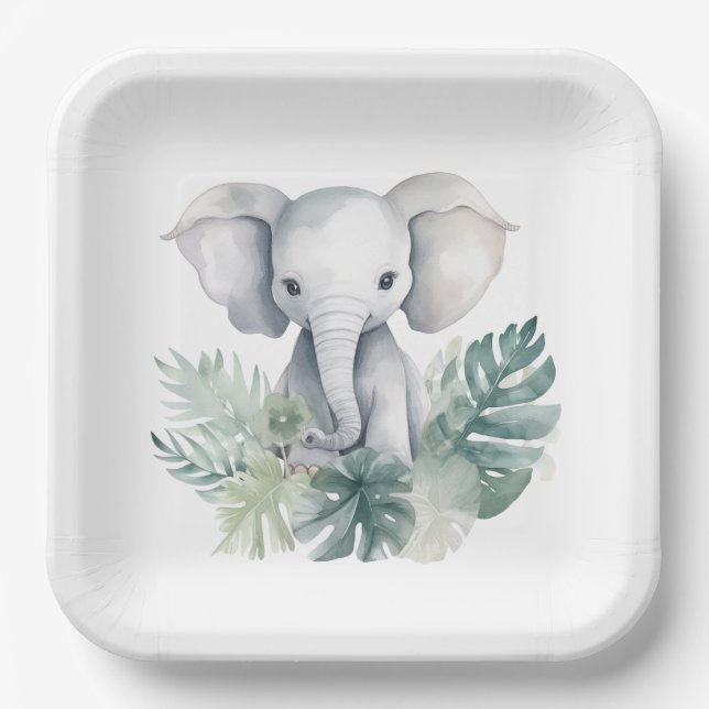 Assiettes En Carton Eléphant Neutre Met Premier Anniversaire (Recto)