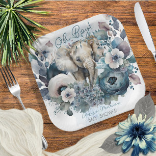 Assiettes En Carton Elephant Oh garçon Baby shower Floral bleu