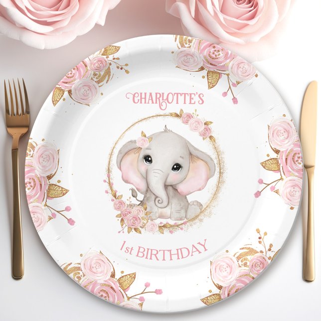 Assiettes En Carton Elephant rose blanc Roses floraux 1er anniversaire (Elephant Pink White Floral Roses 1st Birthday Paper Plates)
