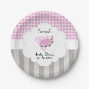 Assiettes En Carton Éléphant rose et blanc de bébé de rayures de p