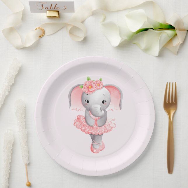 Assiettes En Carton Eléphant rose et gris mou Ballerina (Mariage)