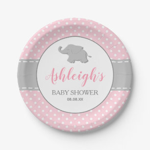 Assiettes En Carton Eléphant rose Gris Polka Dot Girl Baby shower