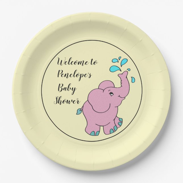 Assiettes En Carton Eléphant rose mignon avec votre nom Baby shower Pa (Devant)