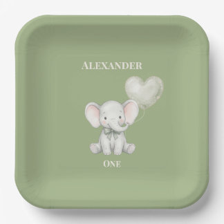 Assiettes En Carton Éléphant Vert Sauge pour le Premier Anniversaire N