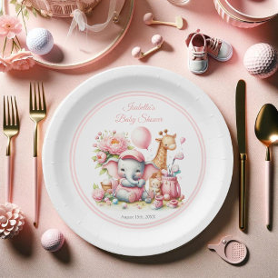 Assiettes En Carton Éléphanteau et girafe fille rose pour Baby Shower 