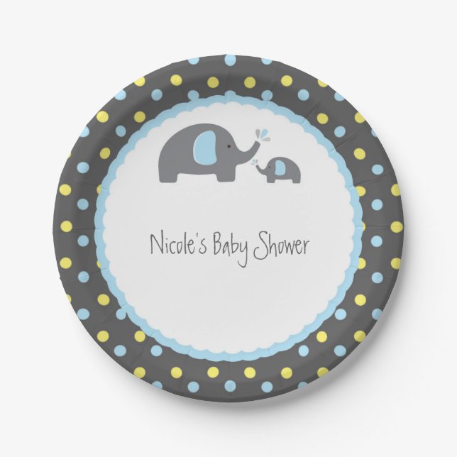 Assiettes En Carton Eléphants baby shower bleu gris et jaune (Devant)