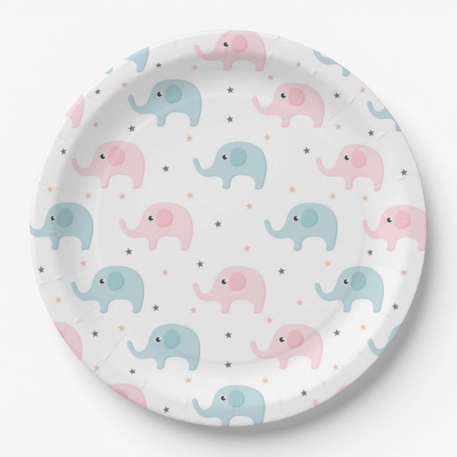 Assiettes En Carton Eléphants bleu rose Baby Girl Baby shower (Devant)