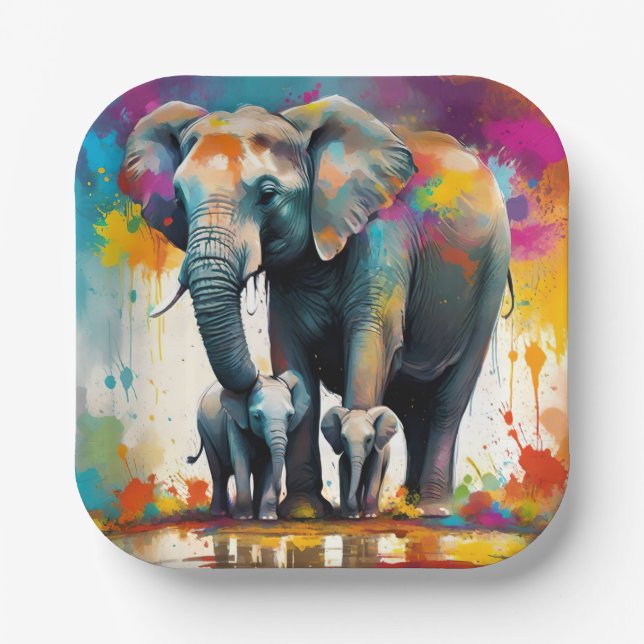 Assiettes En Carton Eléphants De La Mère Et Du Bébé Couleur Splash, (Recto)