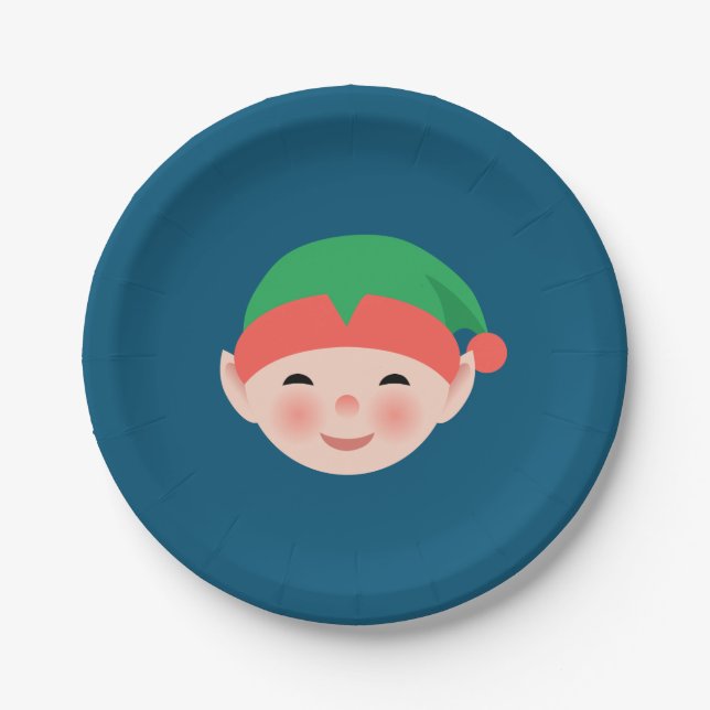 Assiettes En Carton Elfe de Noël en Casquette vert sur bleu (Devant)