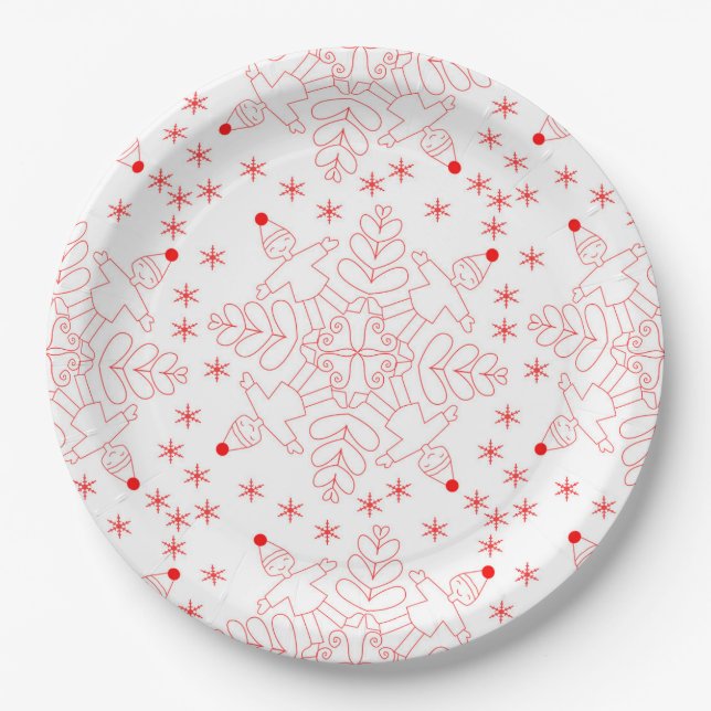 Assiettes En Carton Elfes rouges et motif de flocon de neige (Devant)