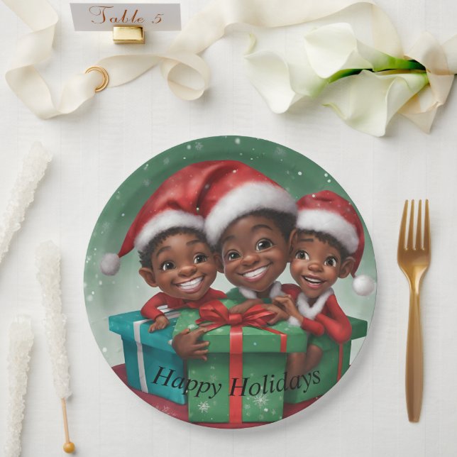 Assiettes En Carton Elfs de Noël afro-américains (Mariage)