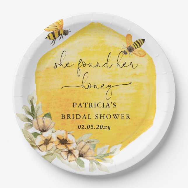 Assiettes En Carton Elle a trouvé sa douche nuptiale d'abeille florale (Devant)