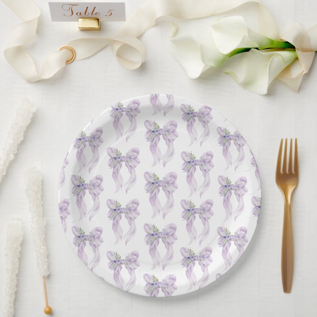 Assiettes En Carton Elle Noue le Nœud Réception de Mariée Ruban Lilac (Mariage)