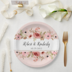 Assiettes En Carton ELLE Rose Fleur Élégant Mariage