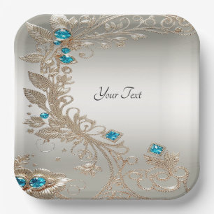 Assiettes En Carton Embellister Gold Blue Stones Plaque en papier